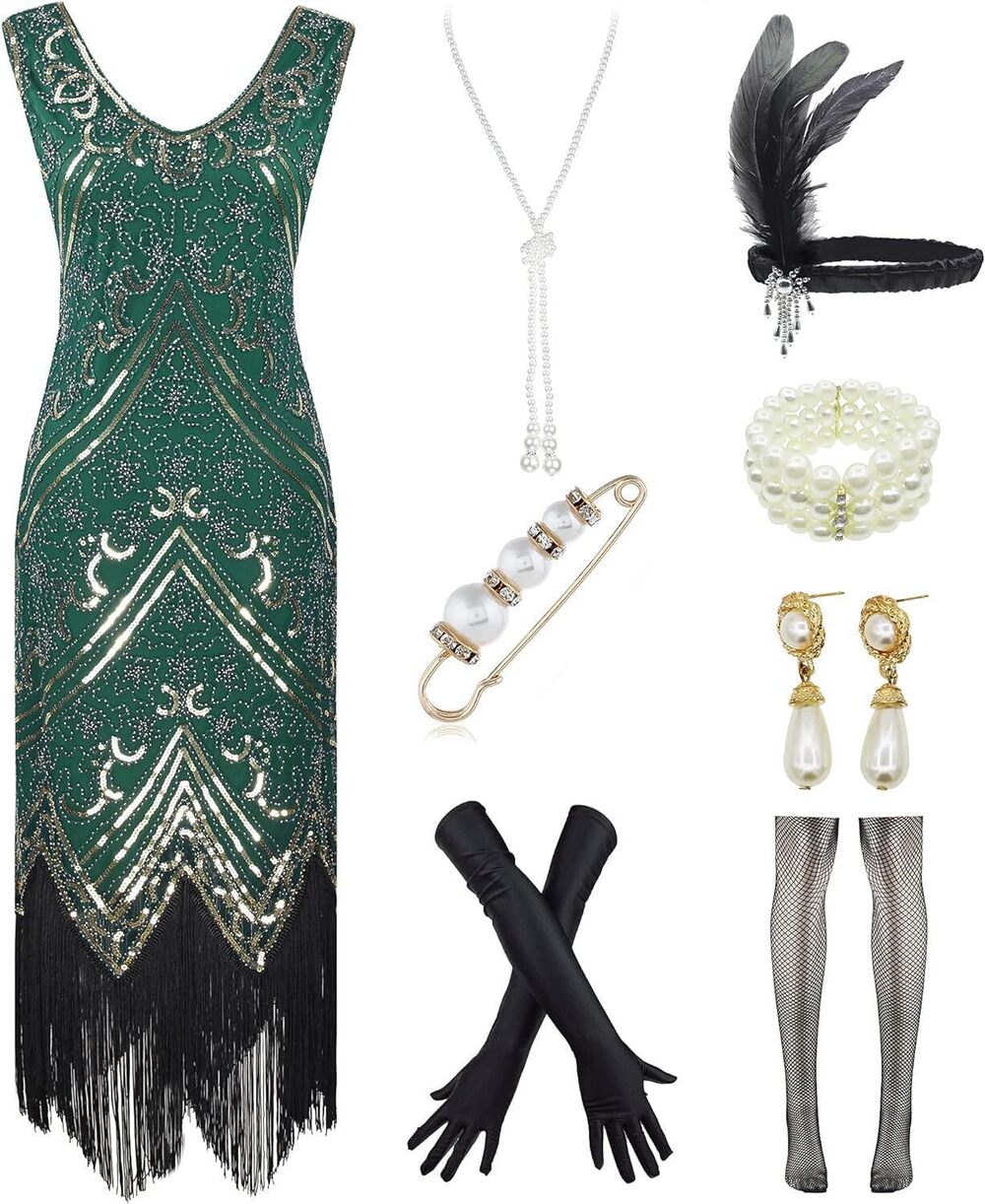 1546 1920s Gatsby V-Neck Sequin Art Deco Flapper Dress with 20s Accessories